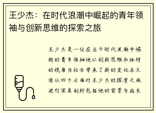 王少杰：在时代浪潮中崛起的青年领袖与创新思维的探索之旅